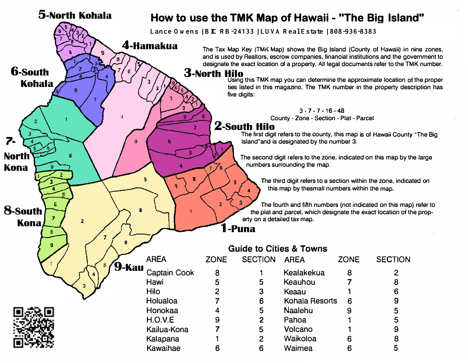 Hawaiʻi Island map showing nine TMK districts and their sections; districts are also listed in the table below