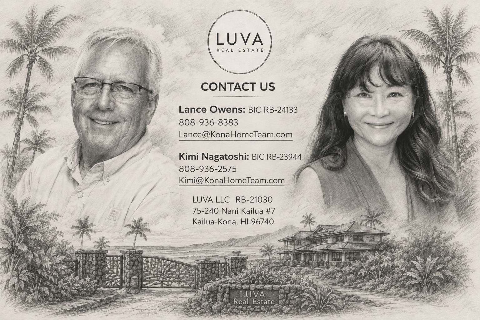 Illustrated contact card for Lance Owens and Kimi Nagatoshi at LUVA Real Estate, with their phone numbers, email addresses, broker licenses, and Kailua-Kona office address